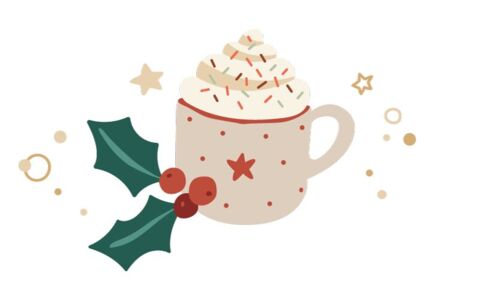  Illustration einer weihnachtliche Tasse mit Sahne, Streuseln, daneben Stechpalmenblätter und roten Beeren. 