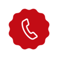 Roter Telefonhörer auf weißem Hintergrund in einem runden Badge