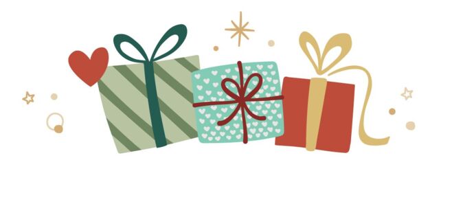 Illustration von drei bunten Geschenken mit Schleifen, Herz und goldenen Sternen