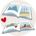 Illustration eines offenen Fotobuchs mit bunten Bildern und Herzen.