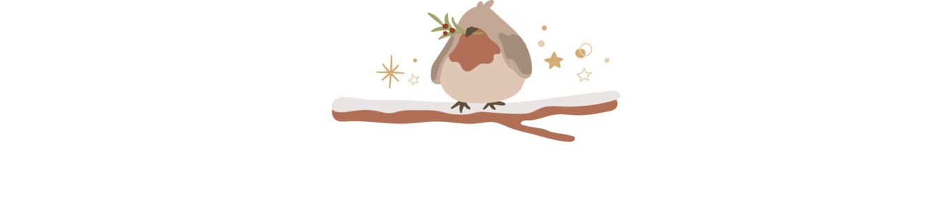  Illustration eines Rotkehlchens mit Stechpalme im Schnabel auf einem beschneiten Ast, umgeben von goldenen Sternen. 